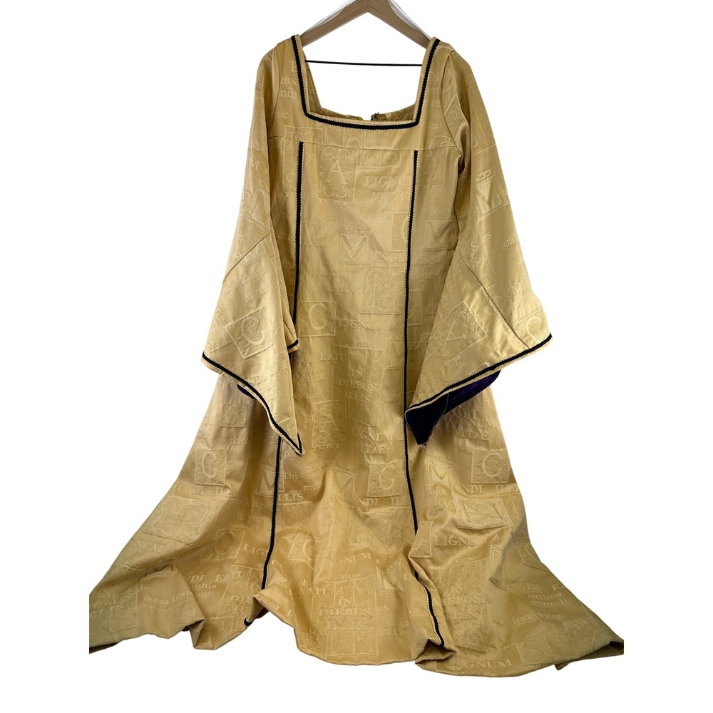 Handmade Medieval Renaissance Gown Gold Jacquard Bell Sleeve Latin Costume 18